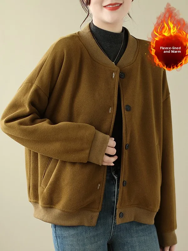 

Утепленная флисовая повседневная бейсбольная куртка большого размера для женщин, зимнее пальто в художественном винтажном стиле, свободного кроя, на пуговицах, из хлопка и полиэстера