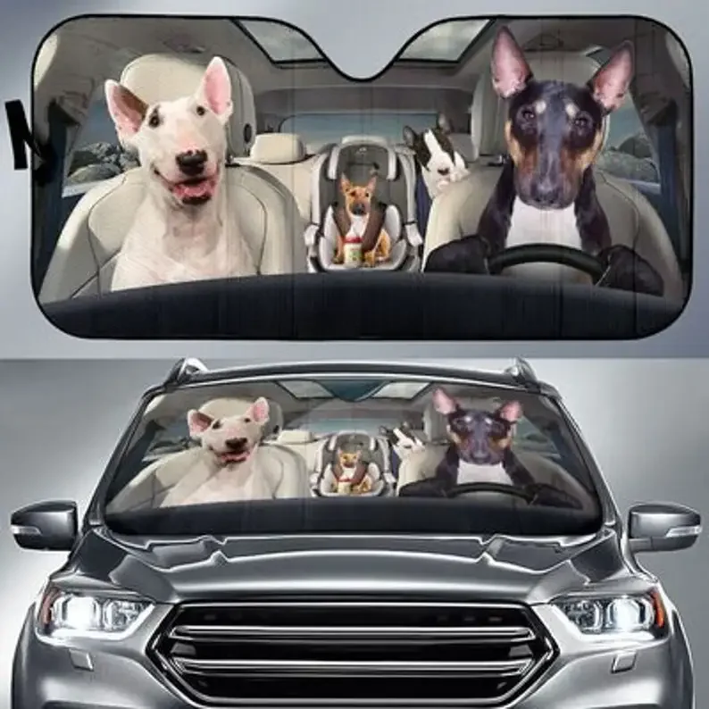 Bull Terrier Family Funny Safe Driver Auto Sun Shade Customized Gift Custom Animal Pattern Sunshade, Personalized Gifts