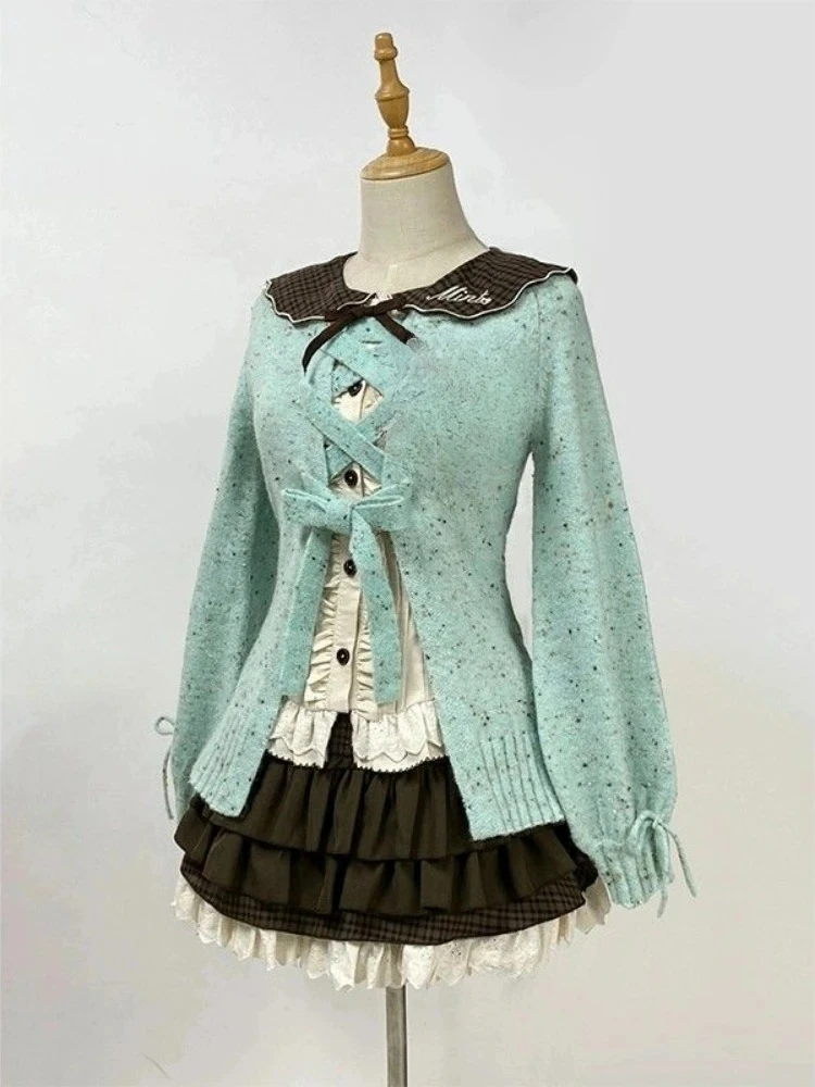 

Sweet Lolita Cardigans Women Y2k Aesthetic Hollow Out Bandage Sweater Kawaii Bow Pocket 2025 Japanese Casual Streetwear JK Tops