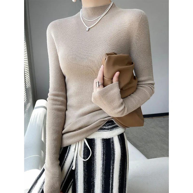 Half Turtleneck Sweaters 2022 Women High Elasticity Jumpers 100% Pure Wool Knit  Female Pullovers Bottomed Soft Clothes