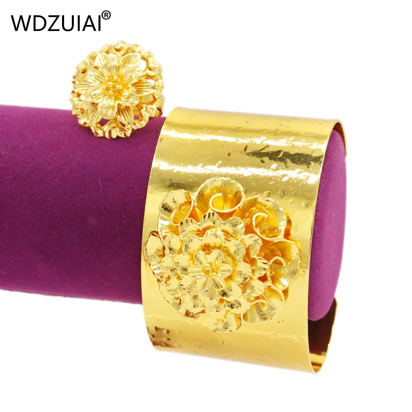 WDZUIAI Big Flower Adjustable Cuff Bracelet/Ring Sets for African Women Bridal Wedding Jewelry French Spain Girls Trendy Bangle