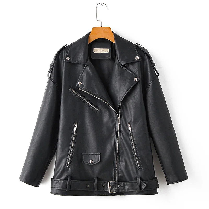 Fitaylor-chaquetas de cuero sueltas para mujer, abrigo de motociclista con cremallera, cuello vuelto, remache, prendas de vestir de cuero suave de