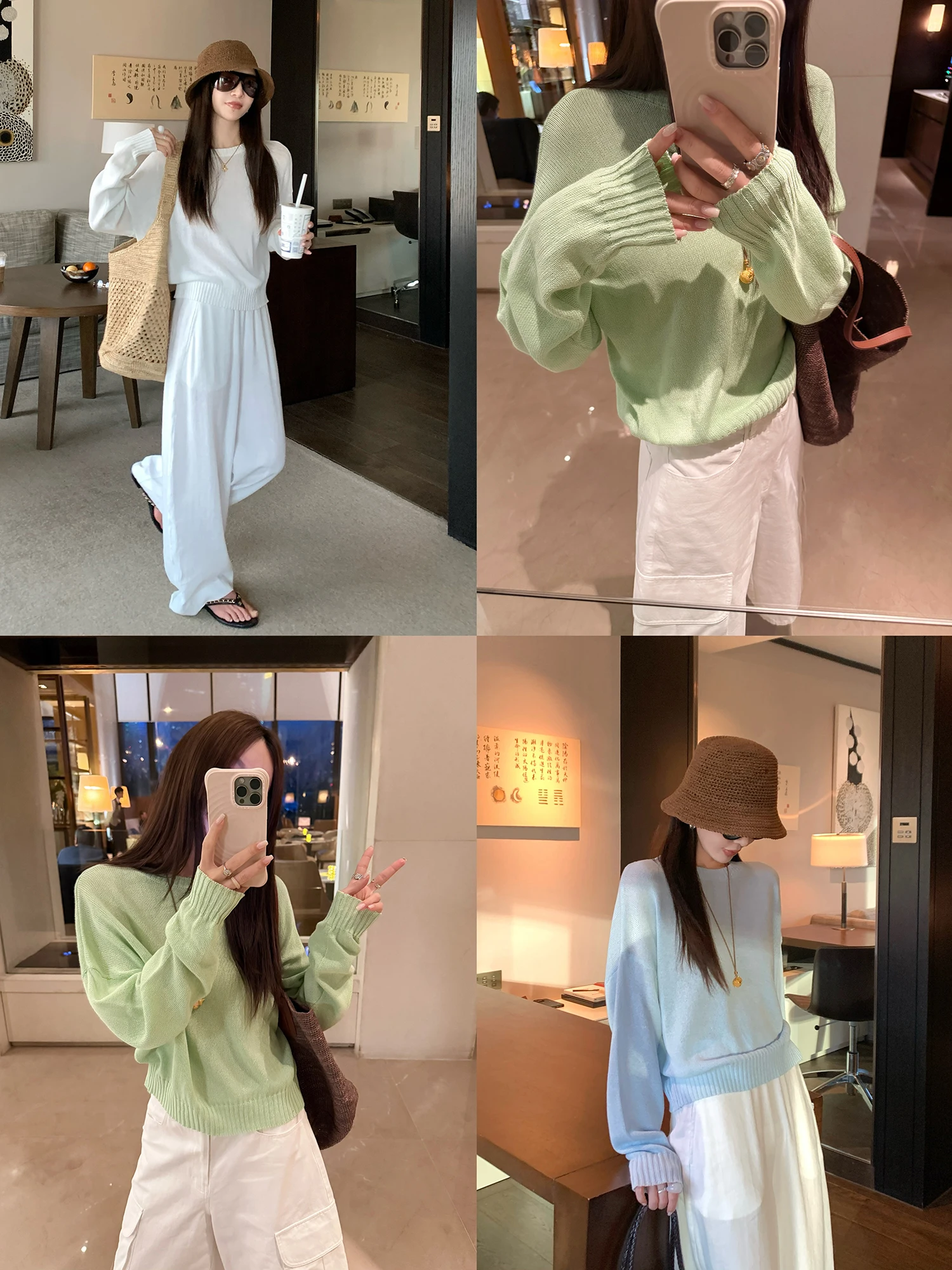 Lightweight round Neck Loose Knitted Long Sleeve T-Shirt Cover up Sun Protection Top Cotton Rayon Blend Soft Cotton Blend