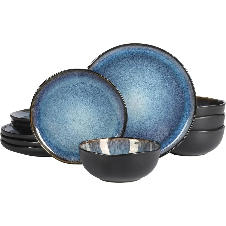 

Nardini 12 Piece Service for 4 Plates and Bowls Reactive Glaze Dishes Stoneware Ceramic Dinnerware Set Black and Blue