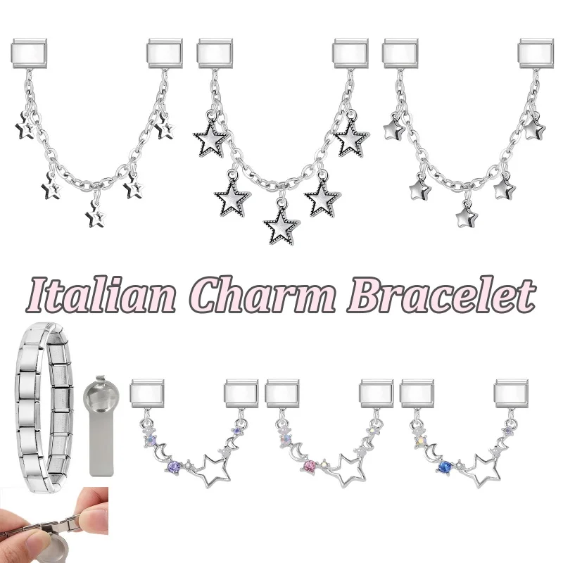 Kristall-Stern-Herz-Schmetterling-Mond-Quastenkette Italienische Charm-Links Passend für 9mm Edelstahl-Armband DIY Geschenke Großhandel