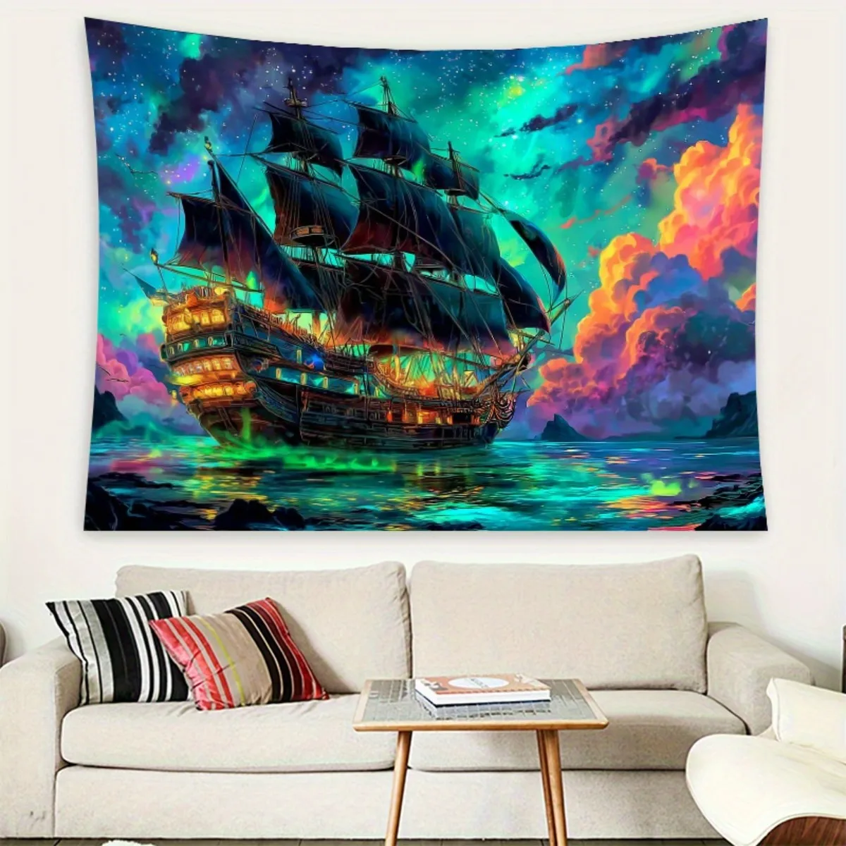 1pc Anime Pirate Ship Canvas Wall Tapestry - UV Reactive Fantasy Stars, Vibrant Sailing Ship Design, Polyester, Horizontal Hangi