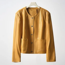 High Grade Women's Genuine Leather Jacket for Women 2024 Autumn Chic Ladies Single-breasted O-neck Full Sleeve Sheepskin Jacket