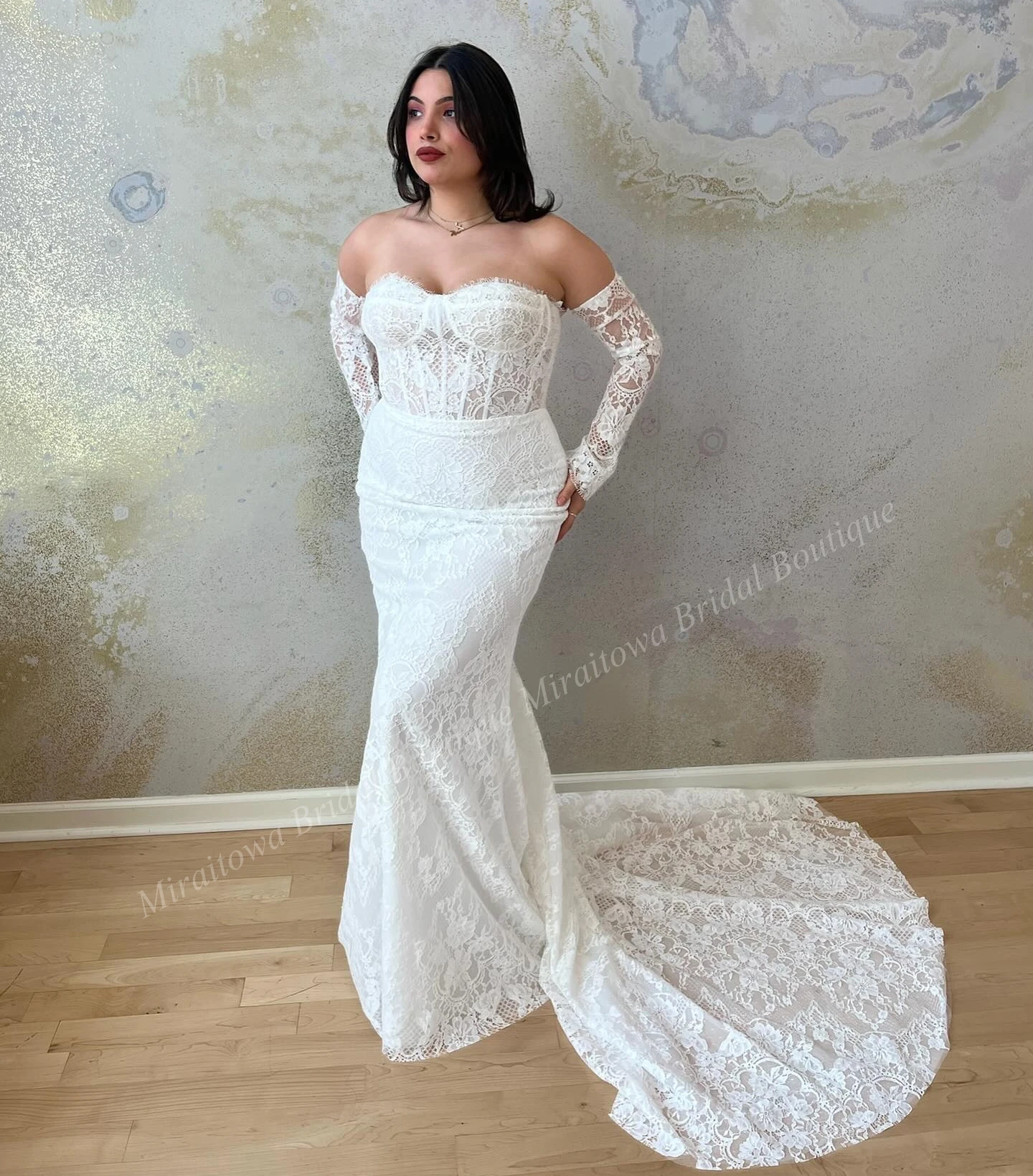 Chantilly Lace Wedding Dress Boning Bodice Sheer Removable Sleeve Boho Bridal Ceremony Rehearsal Reception Engagement Party Gown