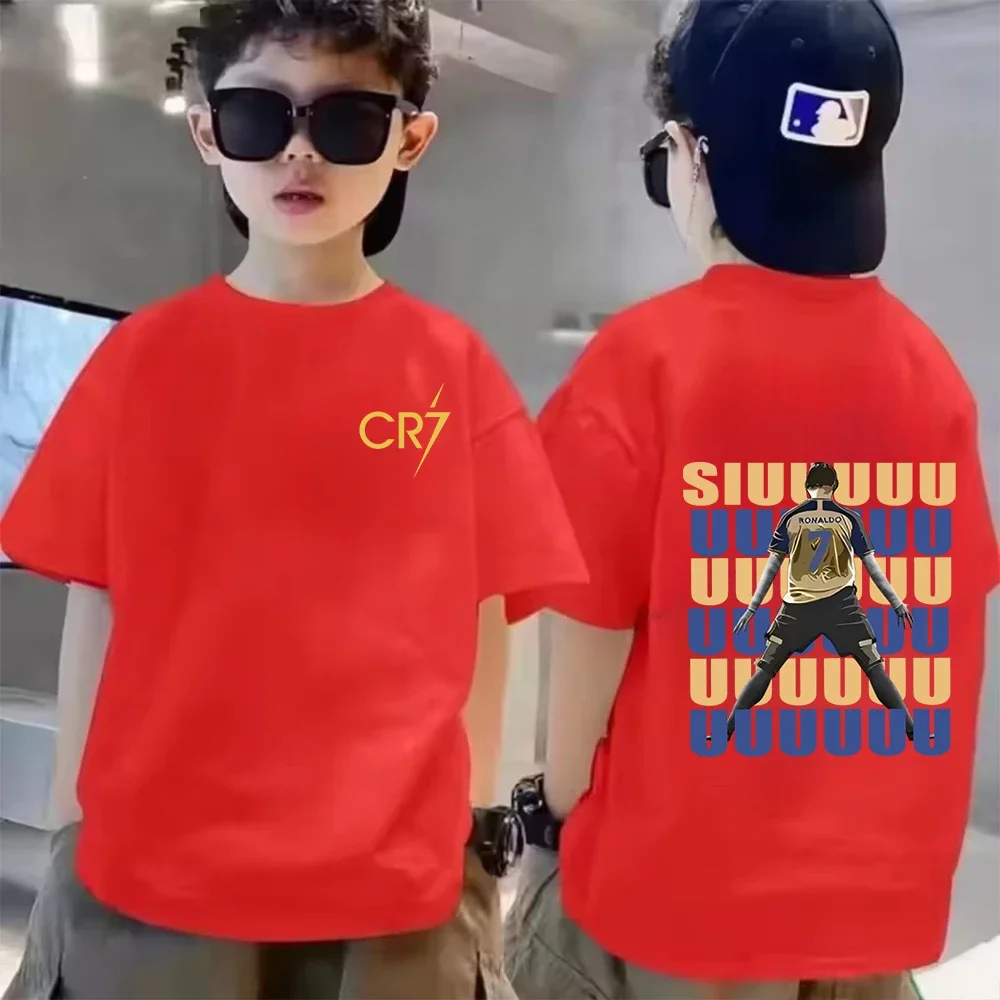 CR7 Kinder-T-Shirt aus Baumwolle mit Vorder- und Rückseitendruck für Jungen, lässiges Fußballspieler-T-Shirt, SIU Celebration Graphic Sommer-Tops für Fans – Detail 5