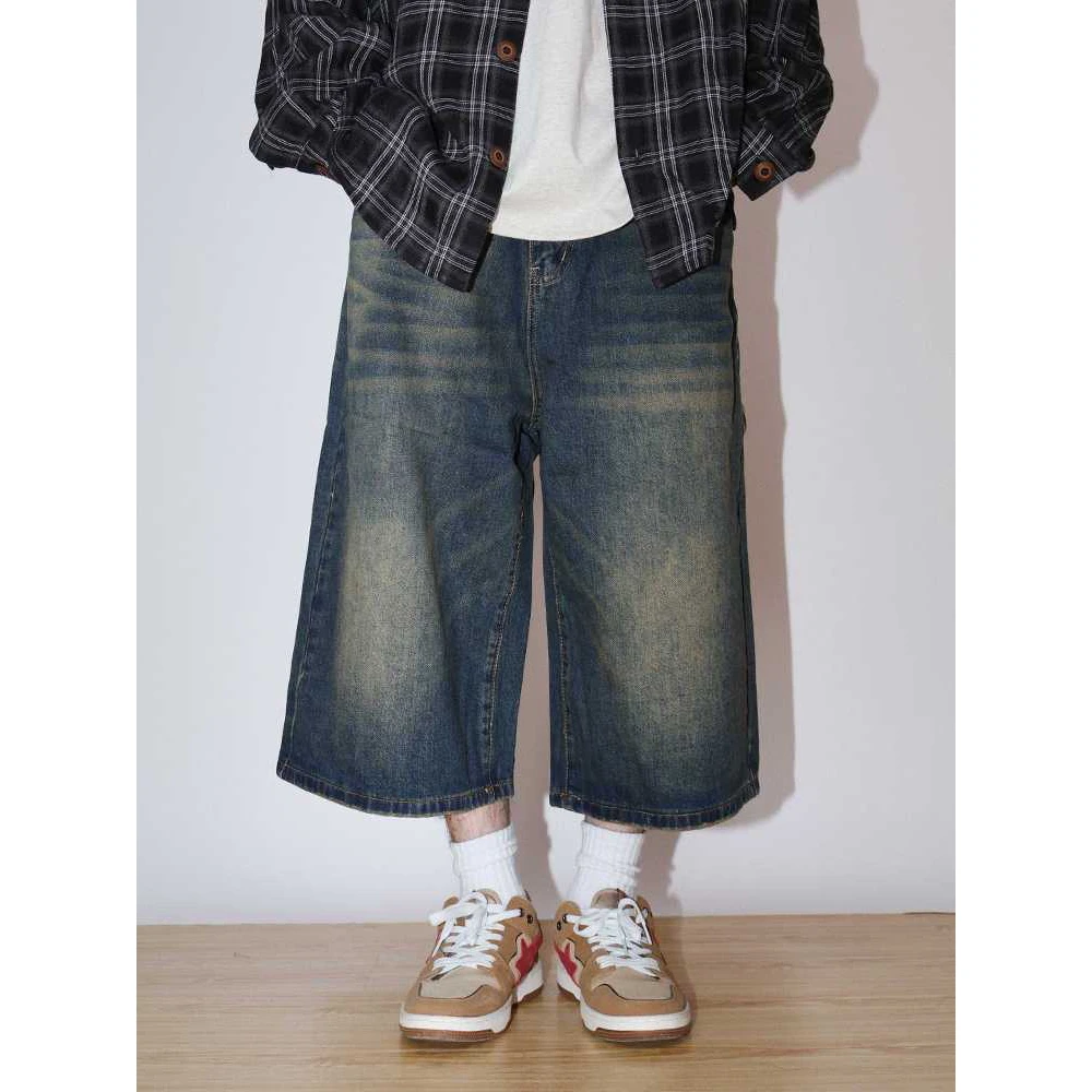 

Retro American Washed Denim Jeans Men Women Summer Trendy Loose Casual Wide Leg Seven-Foot Pants Men Trendy Straight Leg Jeans