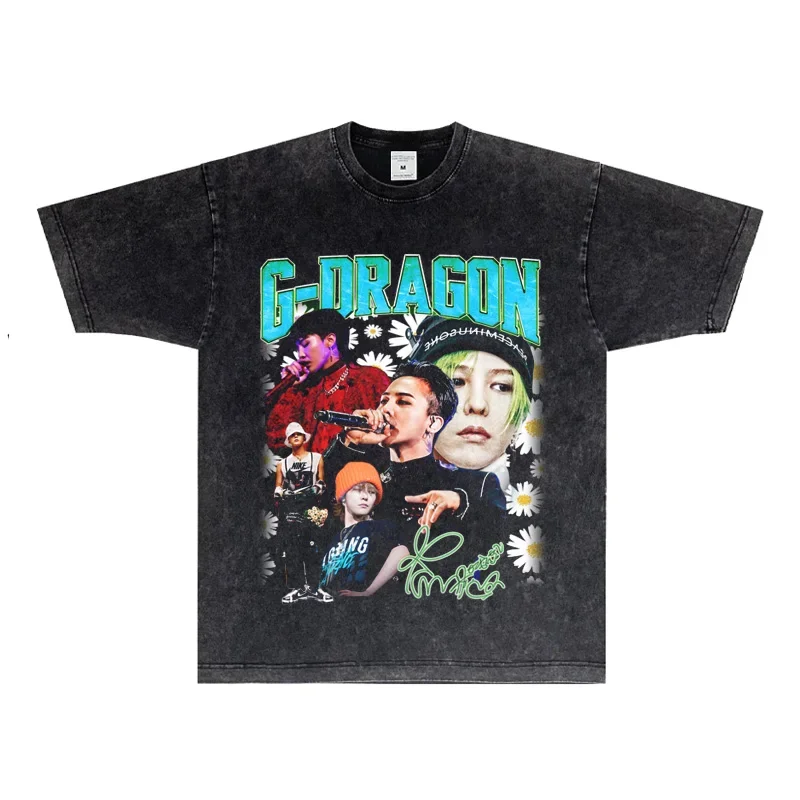 

2025 new G-DRAGON Quanzhilong Portrait Print Short sleeve heavy small neckline vintage pure cotton breathable T-shirt