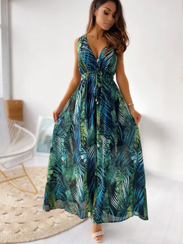 Pop Women Tie-Up Backless Party Beach Dress Sexy V Neck Boho Long Dresses Summer Elegant Print Sleeveless Lady Maxi Dress Vestid
