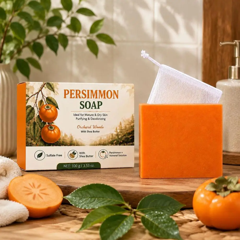 Persimmon Soap Deodorizing Body Wash Bar Natural Shea Butter Purifying Soap for Mature Dry Skin Body Care with Net 100g