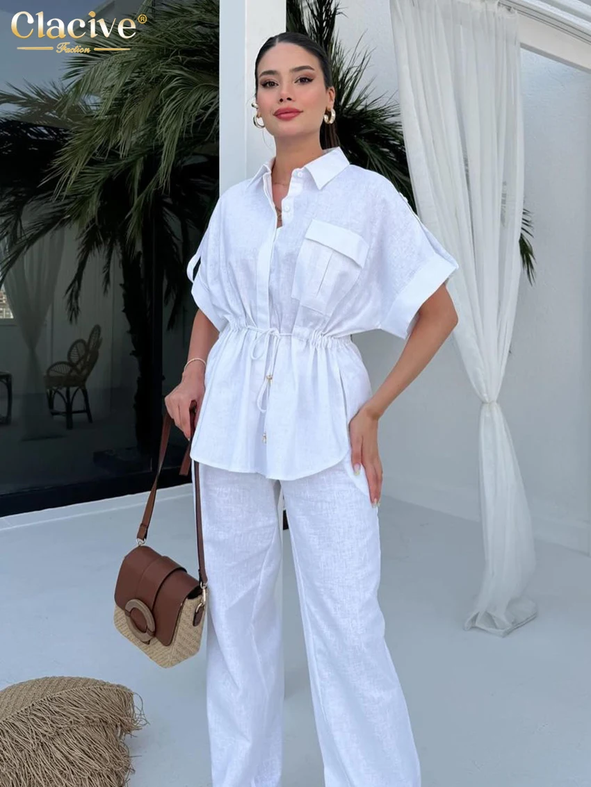 Clacive Summer Loose White Cotton 2 Piece Sets Women Outfit 2024 Fashion Short Sleeve Shirt With High Waist Pants Set Streetwear