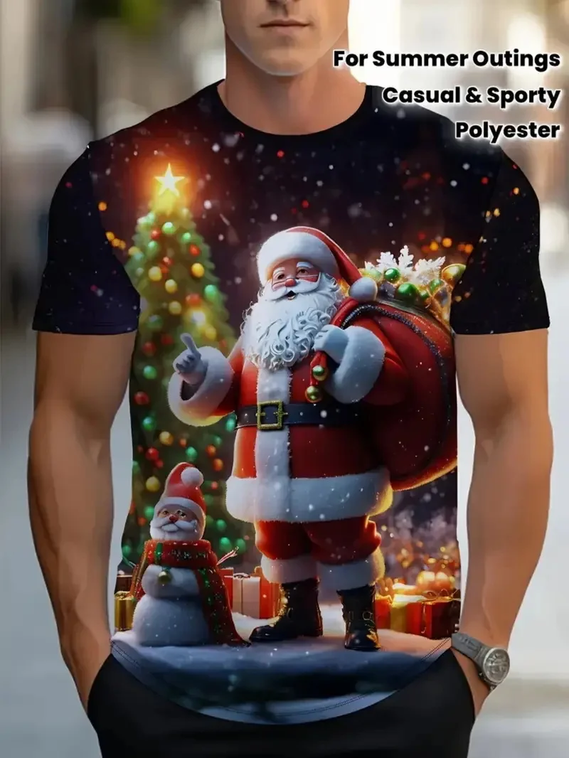 3D Print Men's Christmas Santa Claus Snowflakes Print T-Shirt Casual Round Neck Pullover Short Sleeve Xmas Tshirts Clothes
