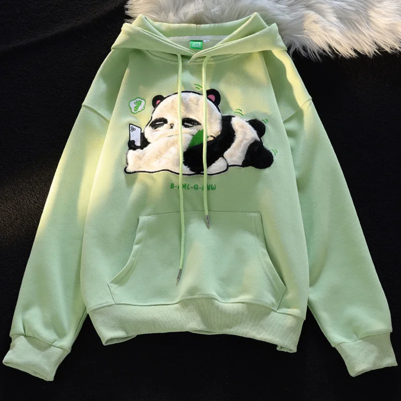 Winter Thicken Hoodies Chinese Flocking Embroidery Kawaii Cartoon Panda Hooded Sweatshirt Couple Matching Cute Fleece Pullovers