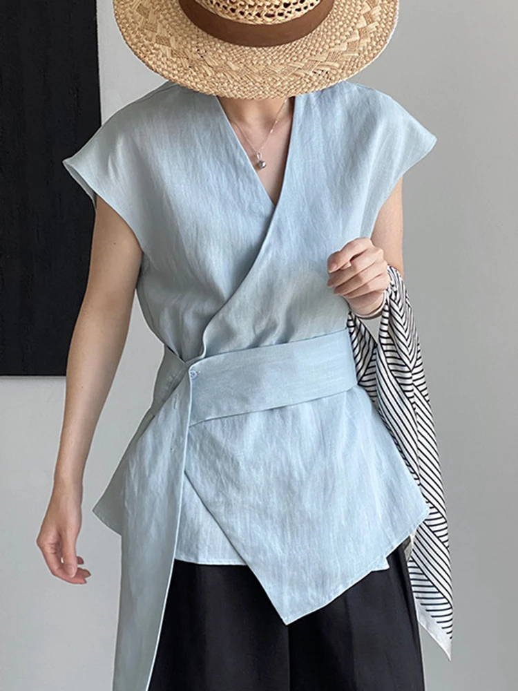 YERMORA White Linen Asymmetric Ribbon Casual Blouse For Women V-neck Sleeveless Loose New Vest Shirt Fashion Tdie Spring Summer