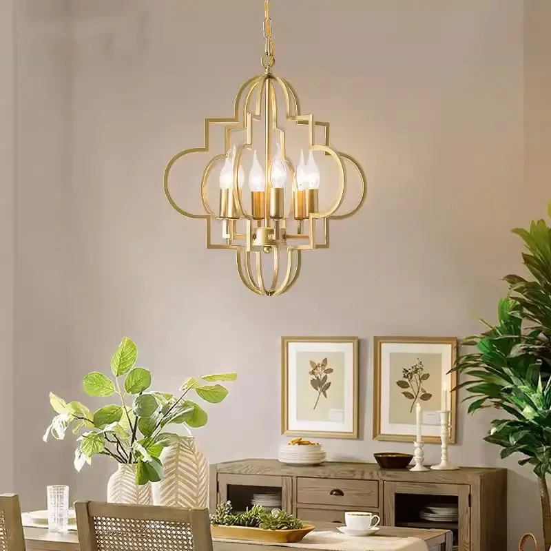 American Vintage Gold Wrought Iron Chandelier Candlesticks Pendant Light Living Room Bedroom Kitchen Restaurant Hanging Lamp