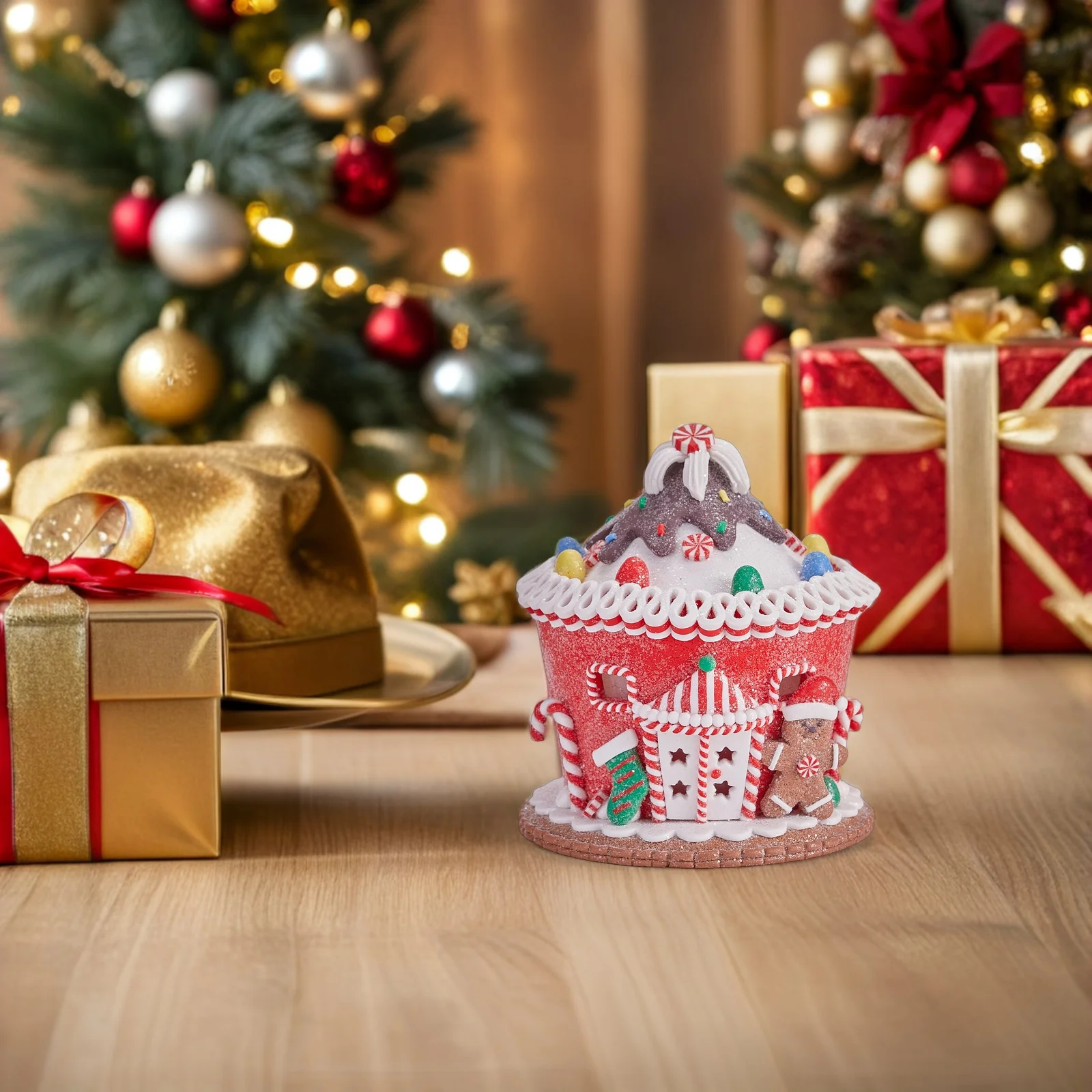 

LED Lighted Gingerbread House Resin Miniature Christmas Village Cottage Warm Glow Decor for Holiday Tabletop Mantle Display