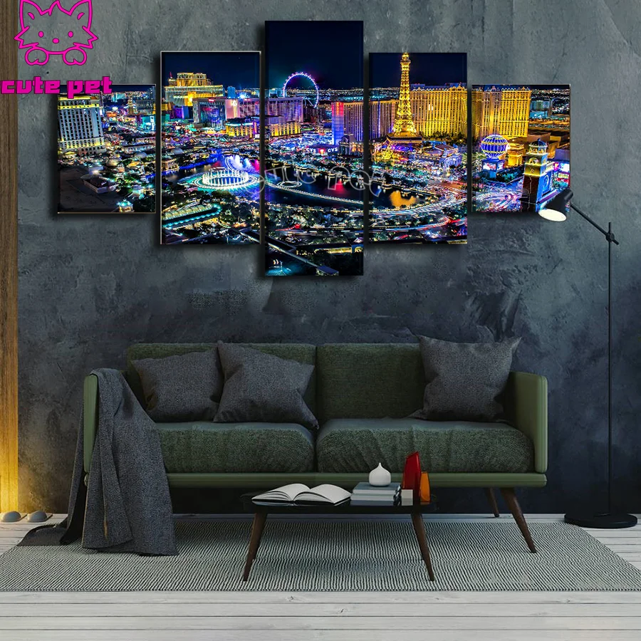 DIY 5 Panel Las Vegas Landscape 5d diy diamond painting full square round drill diy embroidery diamond icons city night home art