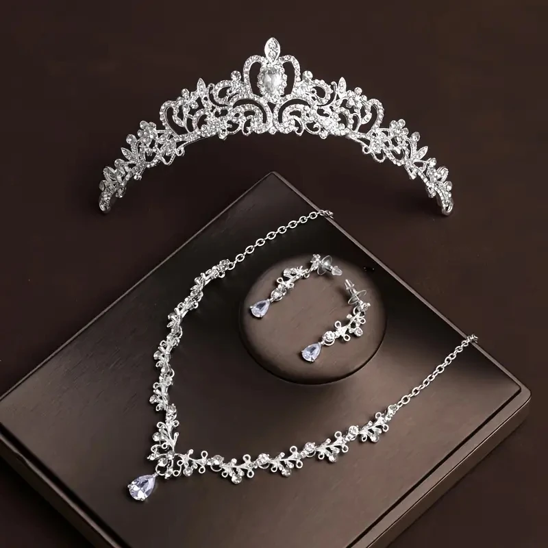 Conjunto de 3 uds de pendientes y collar con corona de cristal, conjunto de joyería nupcial con diamantes de imitación, accesorios para el cabello de boda, joyería, Tiara de corona, regalo