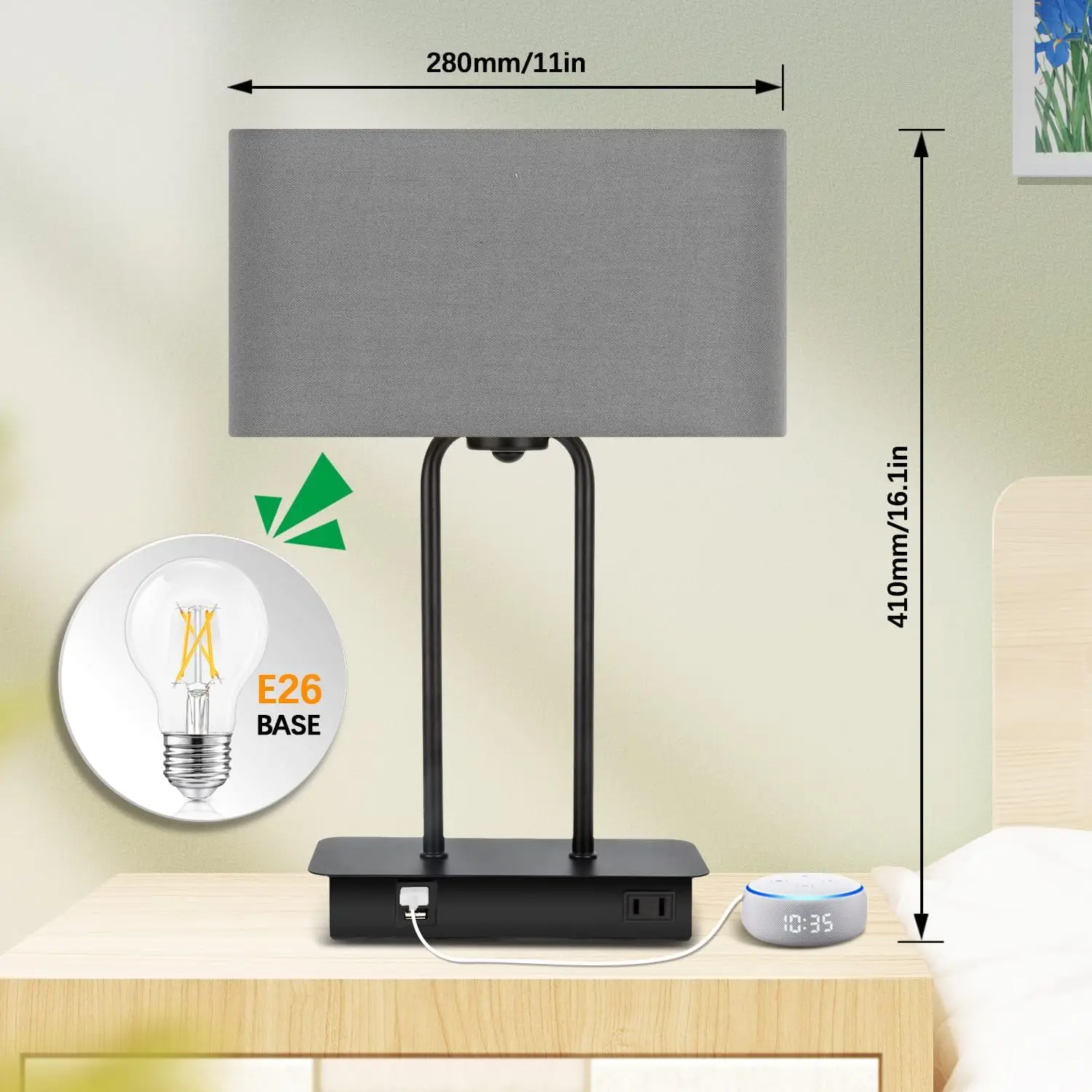 3-Way Dimmable Touch Table Lamp with USB & AC Outlet, Fabric Shade, Metal Base, LED Included, Warm White
