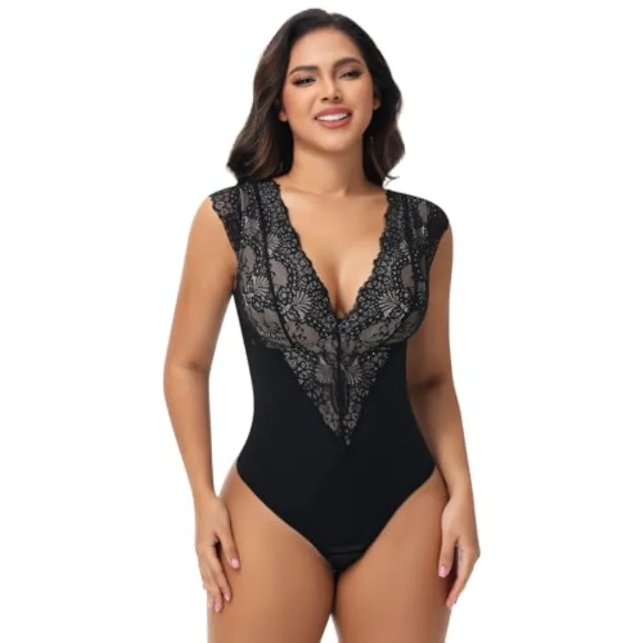

SHAPERIN Sexy Lace Bodysuit for Women Tummy Control Thong Shapewear Deep V Neck Body Suits Corset Tops Going Out Tank Top