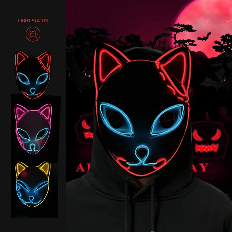 LED Glowing Cat Face Mask Cool Cosplay Neon Demon Slayer Fox Masks For Halloween Birthday Gift Carnival Party Masquerade Decor