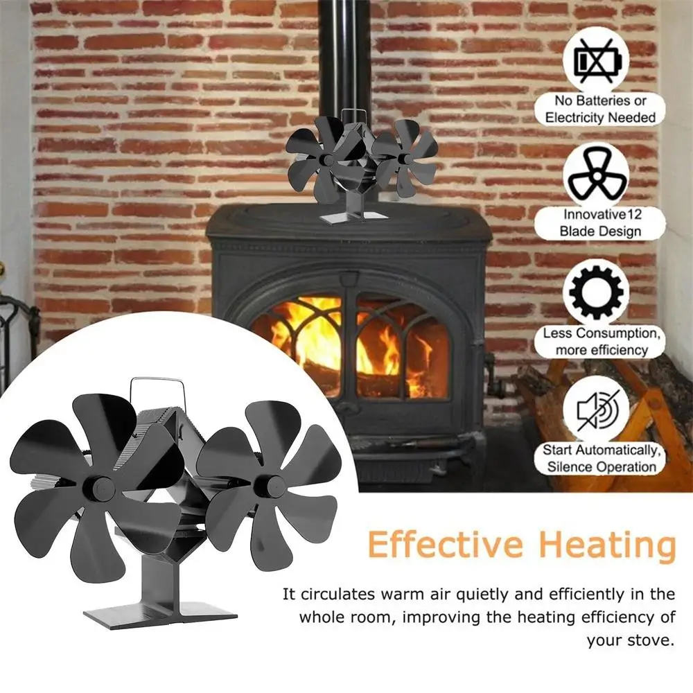 12 Blade Wood Stove Fan Fireplace Fan Heat Powered Stove Fan Log Wood Burner Fan Quiet Home Double Head Firewood Fireplace Fan