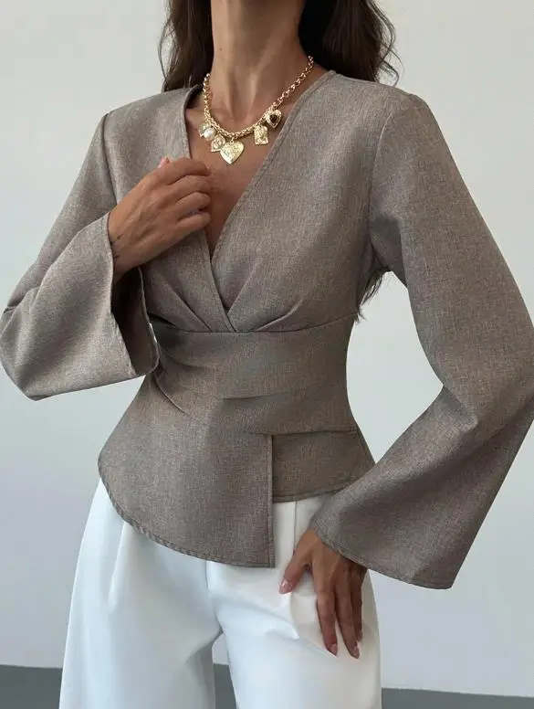 2025 موضة جديدة أنيقة عادية الخريف مثير البلوز قميص طويل الأكمام أعلى العميق الخامس الرقبة الملابس النسائية