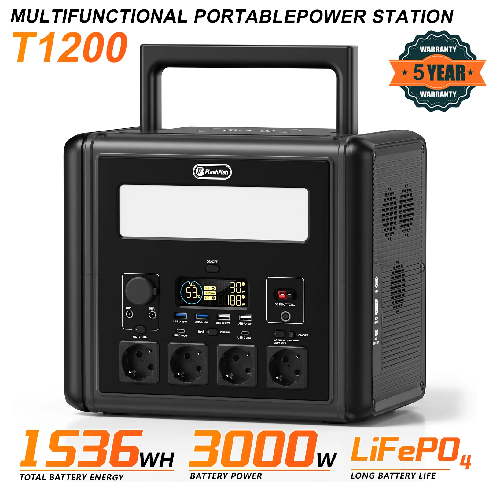 HEZZO T1200 1536Wh Portable Solar Power Station 2000W LiFePO4 Battery Fast Charging Outdoor Camping Emergency Generator