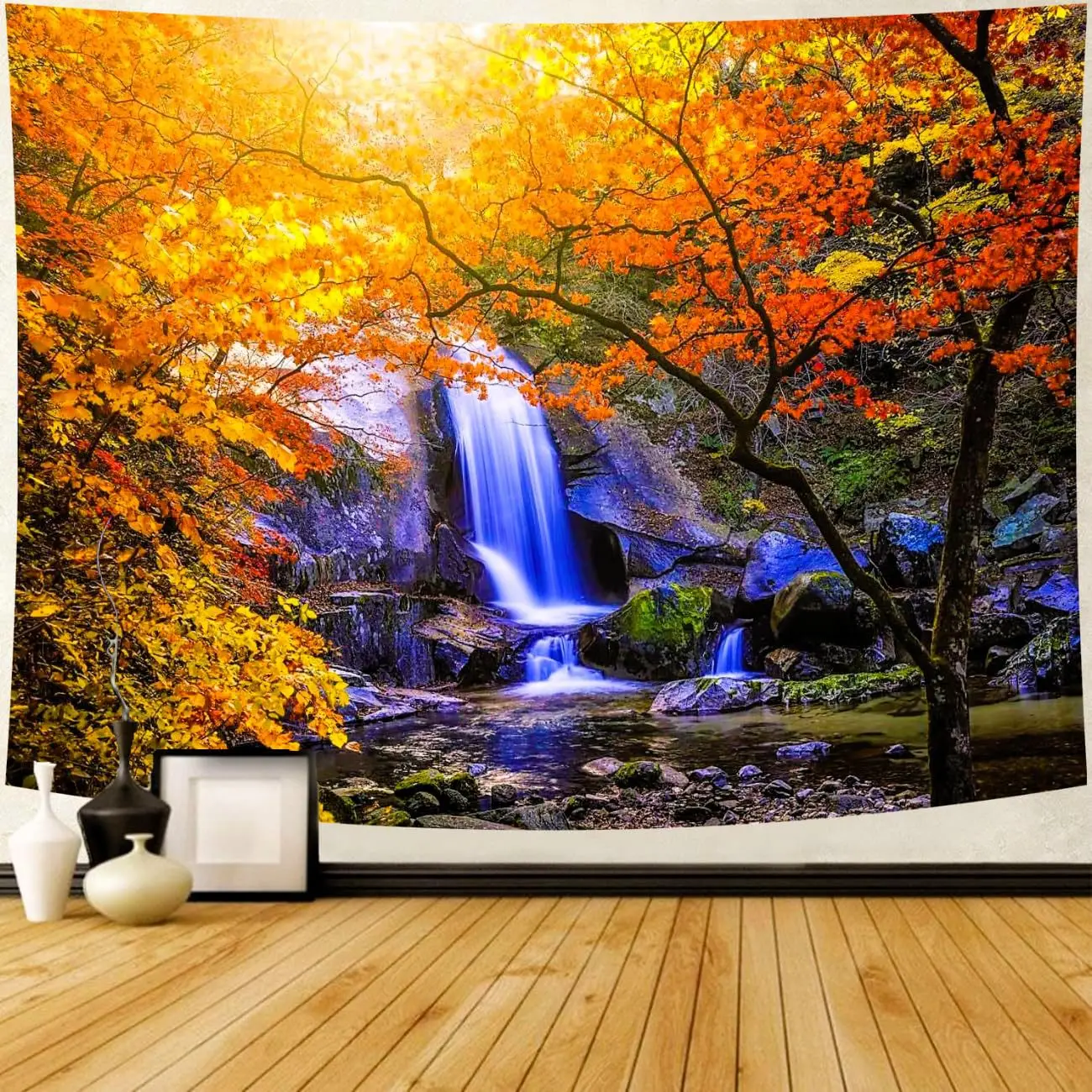 Colorful Autumn Forest Tapestry Waterfall and Orange Trees Scene Water Resistant Fabric Seasonal Nature Theme Wall Hanging