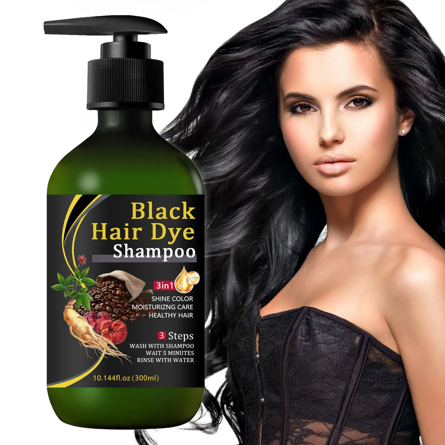 3-in-1 Black Hair Dye Shampoo- Semi-Permanent Color & Conditioner with Keratin & Herbal Extracts - Quick 20-Min Dye.