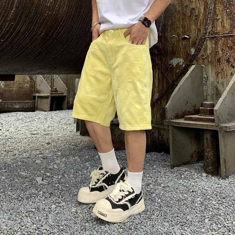 BGC9378-1 Summer tide senior sense of washed yellow jacquard denim shorts men's straight five trousers trend in trousers