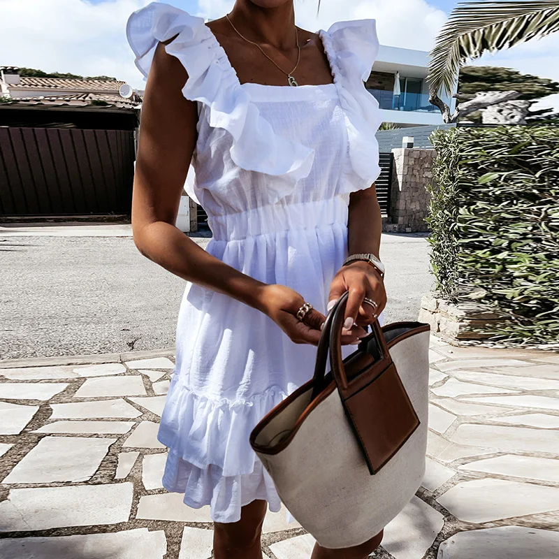 

Women Elegant Solid Color Ruffled Dress White 2021 Summer Sexy Sleeveless Dress Beach Casual Cotton Linen Bandage Dress Vestidos