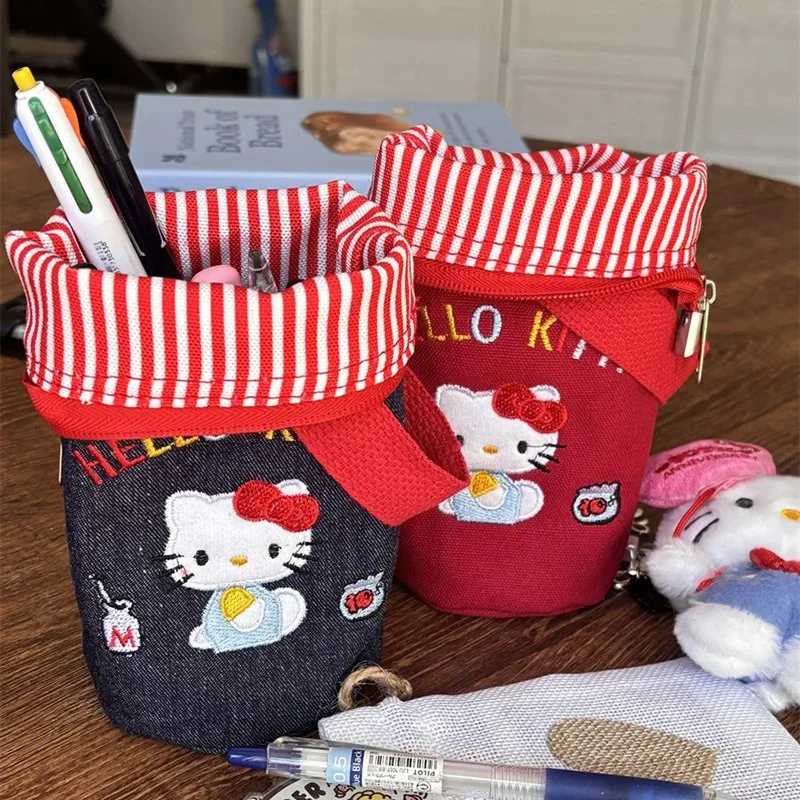 New Hello Kitty Stationery Bags Kawaii Anime Corduroy Student Creative Pen Container Telescoping Cosmetic Brush Canvas Bag Gifts