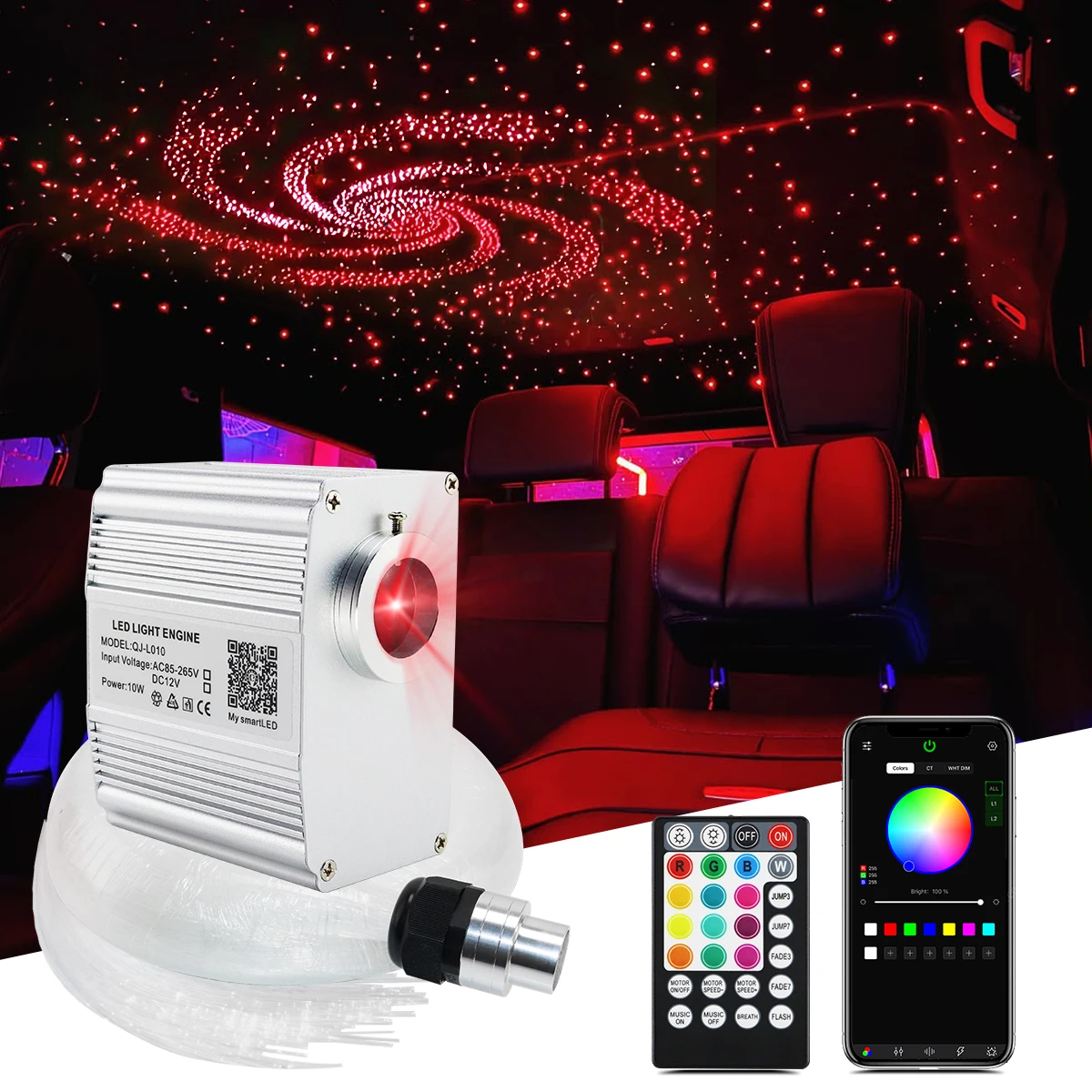 Kit Luce a Fibra Ottica 10W per Soffitto Stellato con Cavo Ottico da 3M, Bluetooth RGBW Attivabile con Musica per Tetto Auto Effetto Cielo Stellato