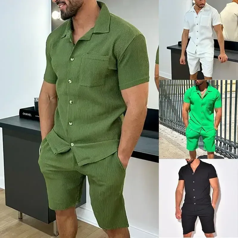 Summer Turn-down Collar Casual Loose Men's Sets Solid Soft Single Breasted Button Shirts Shorts Suit Mens Two-piece Suits