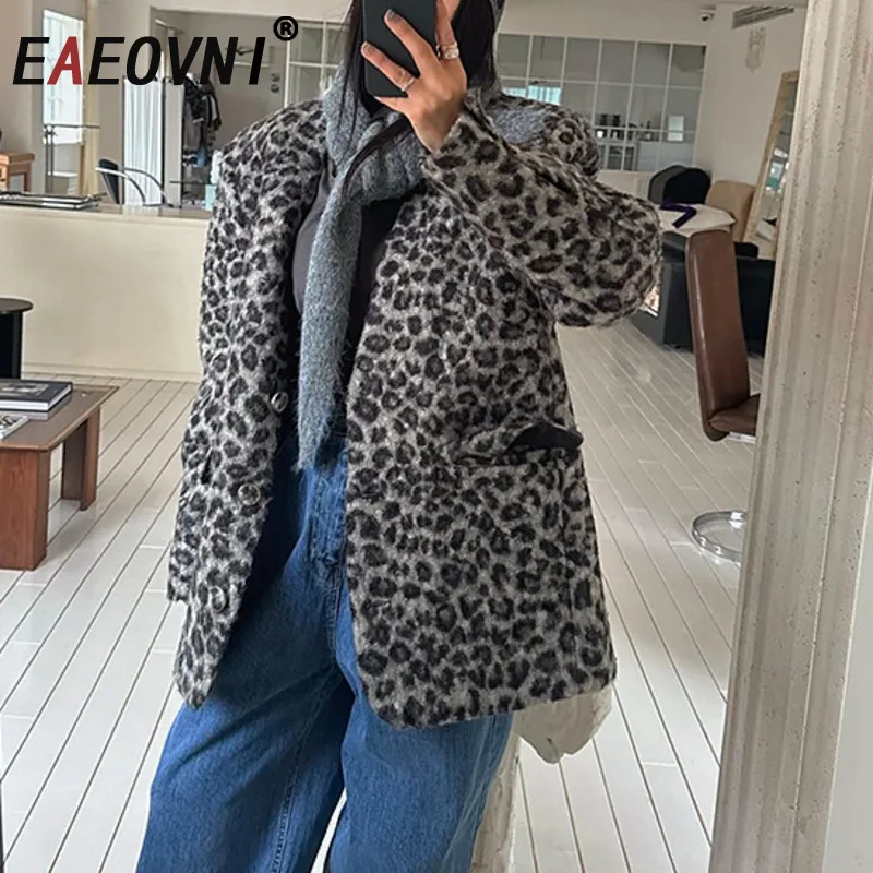 

EAEOVNI Leopard Print Lamb Fur Jacket Coat Women Streetwear Fashion Contrast Color Warm Outerwear 2025 Winter New Clothing