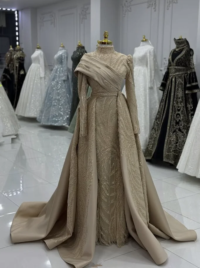 

Champagne Muslim Caftan Prom Formal Dresses with Overskirt High Neck Long Sleeve Applique Lace Evening Gown Henna Kaftan Custom