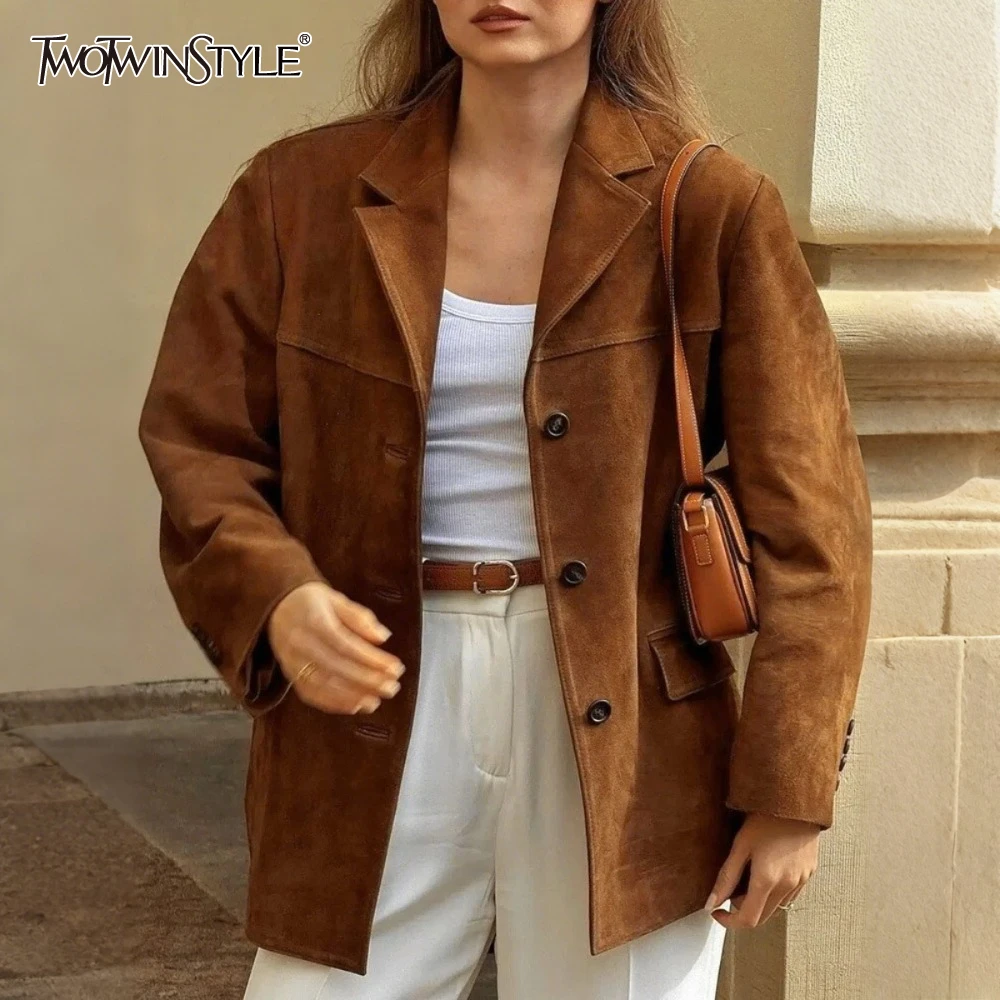 

TWOTWINSTYLE French Retro Slim Jacket for Women Lapel Long Sleeve Spliced Pockets Autumn Basics Coats Female Fashion Clothing