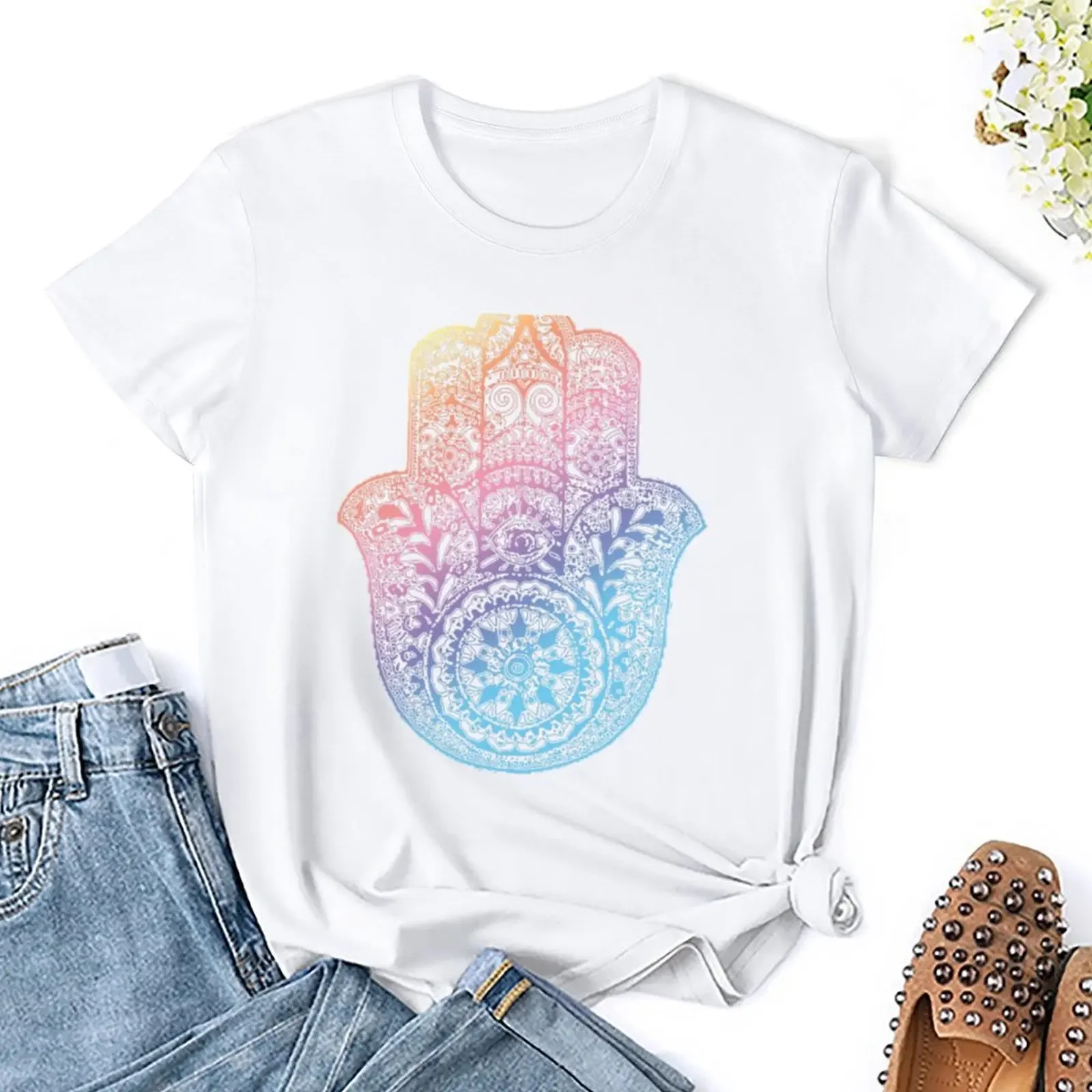 Regenbogen Hamsa T-Shirt Tops ästhetische Kleidung T-Shirt Kleid Frauen