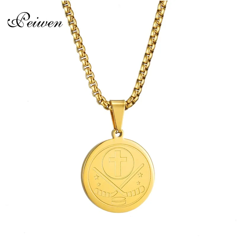 Round Puck Pendant Necklace For Women Men Stainless Steel Cross Necklaces Charm Gold Box Chain Choker For Ice Hockey Enthusiast