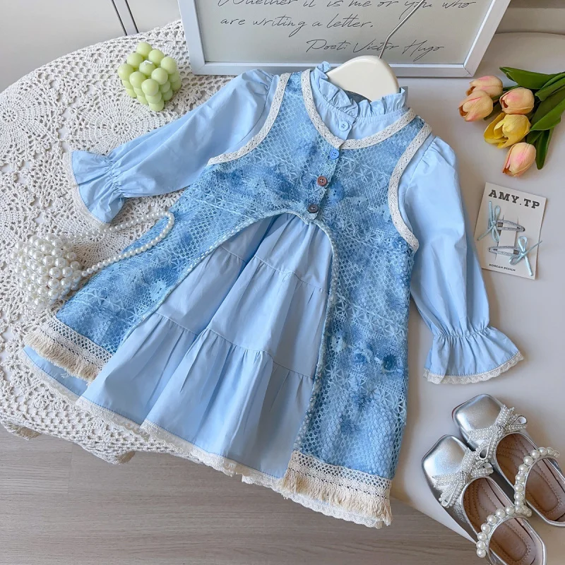 

Girls' Vacation Style Set Spring and Autumn New Fashionable Long Sleeve Shirt Dress Cover-Up2025Two-Piece Set