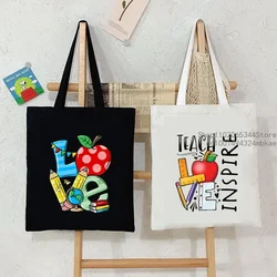 Women Canvas Shoulder Bag Teach Love Inspire Print Apple Graphics Handbag Ladies Casual Tote Bag Fashion Teacher Shopping Bag