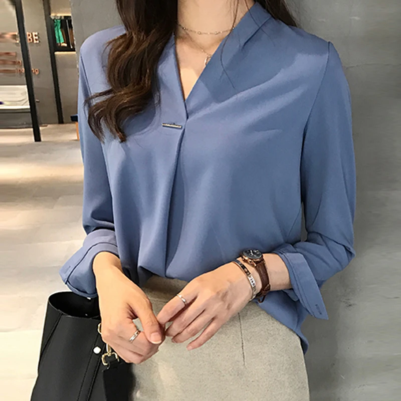 

Casual Women Chiffon Blouse Pullover Tops Autumn Long Sleeve V Neck Shirt Basic Solid Elegant Office Lady blusas para mujer 셔츠