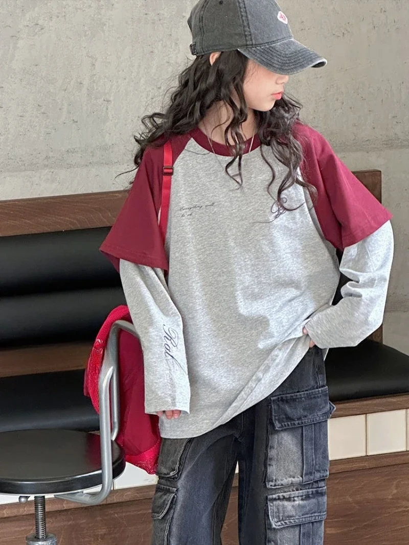 Color Blocking Children's Coat Girls Top Clothes 11 12 Years Clothing 7 T-shirts Girl Kids Shirt From 8 Cartoon Fashion T-shirt