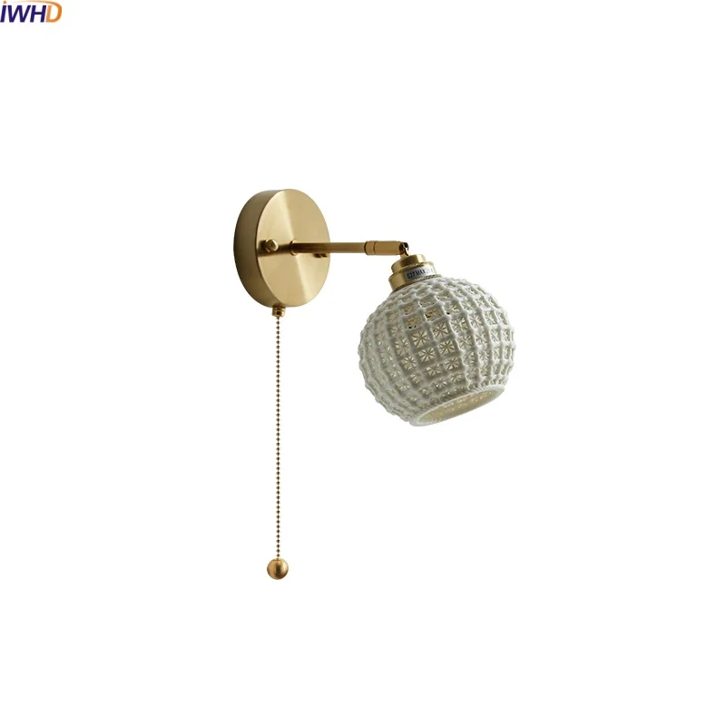 

IWHD Ceramic Vintage LED Wall Light Indoor Bathroom Round Lampshade Design Pull Chain Wabi Sabi Bedroom Bedside Lamp Wandlamp