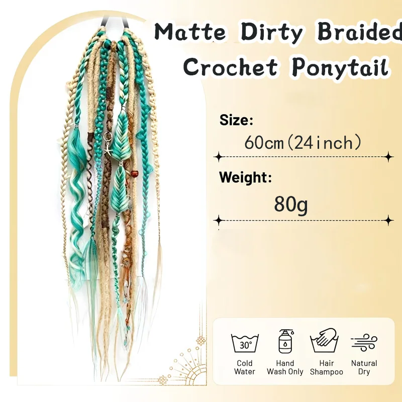 Handmade Bohemian Dreadlock Ponytail Clip-in Synthetic Braided Hair Extensions Long Brown Boho Wig with Decor