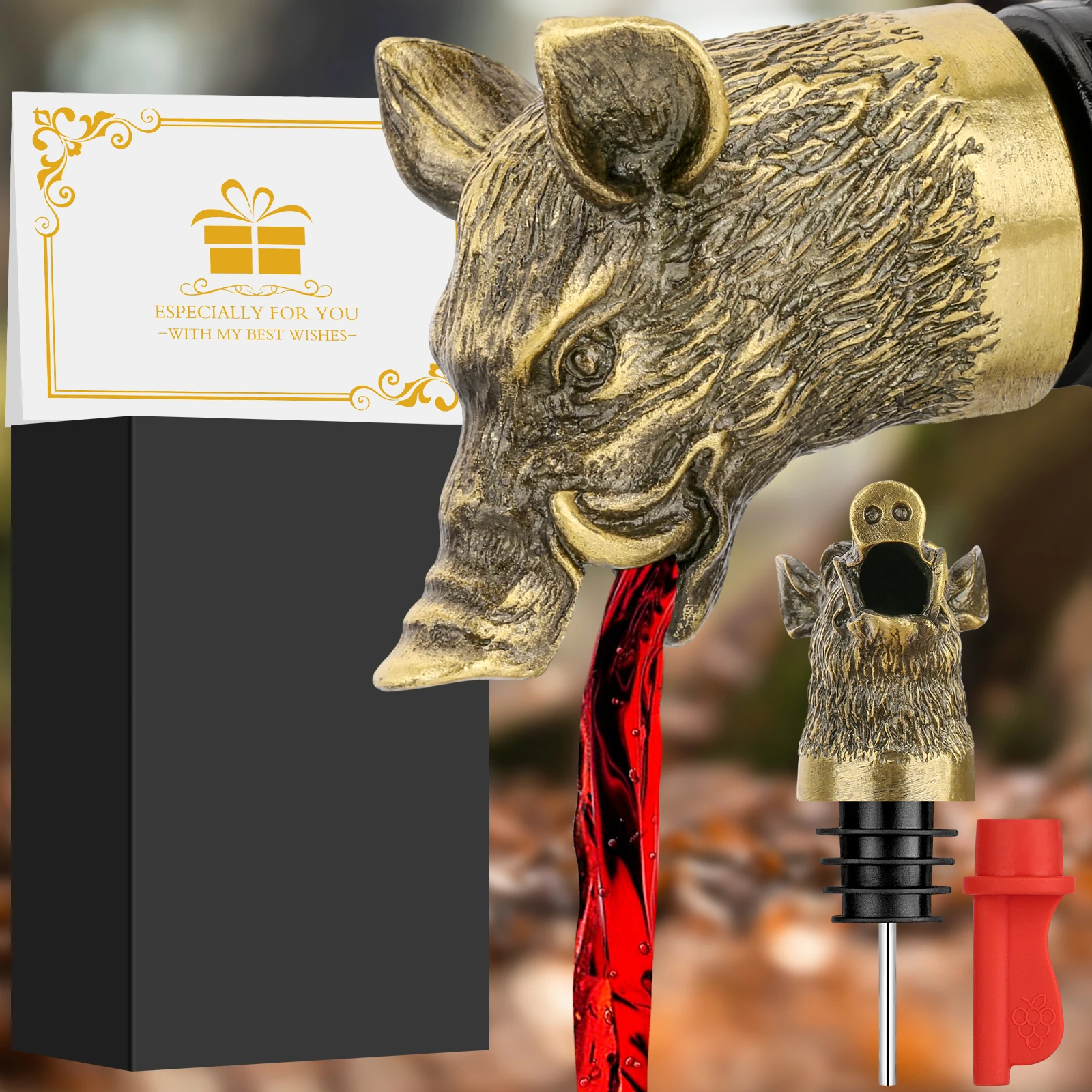 LKKCHER Bronze/Grey Wild Boar Head 2-In-1 Wine Pourer Bottle Stoppers Black Metal Decor Bottle Plug Kitchen Bar Accessories Men